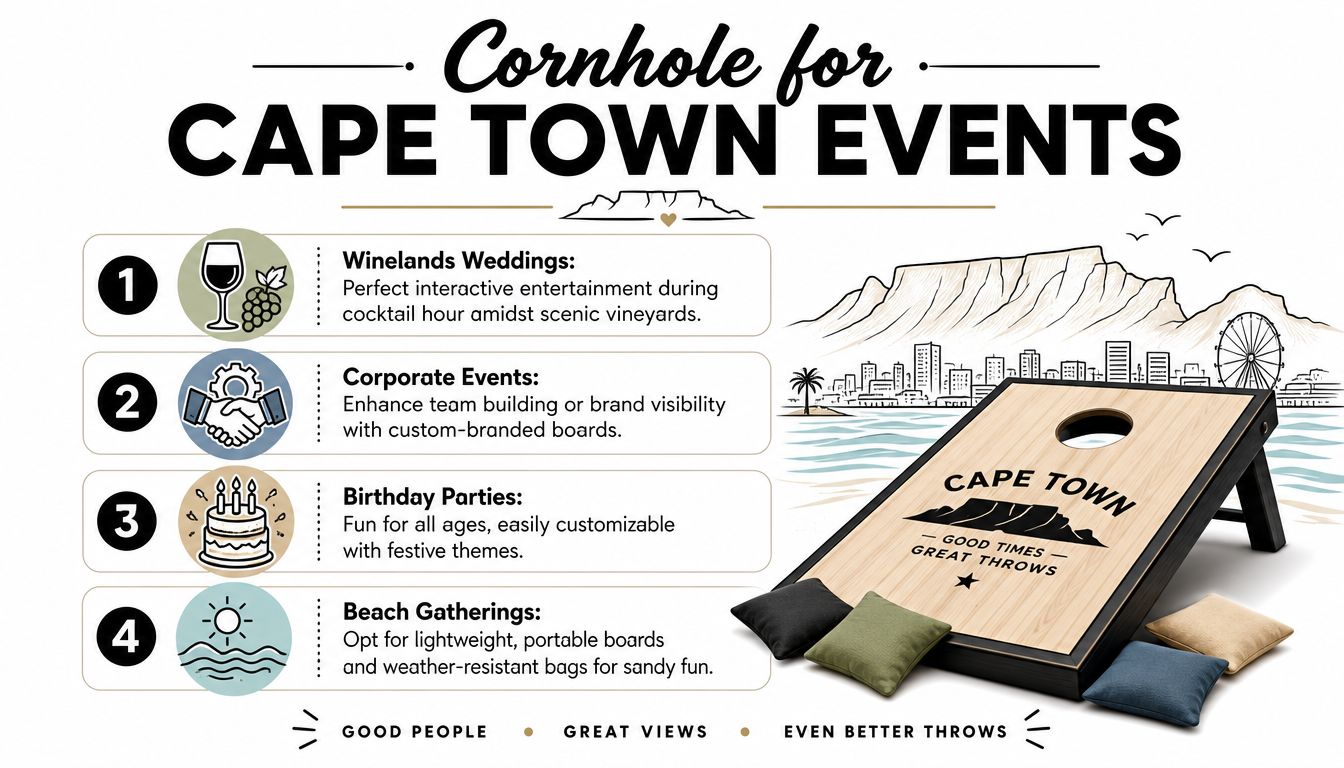 A promotional graphic for cornhole game rentals featuring event types like weddings, corporate events, parties, and beach gatherings.