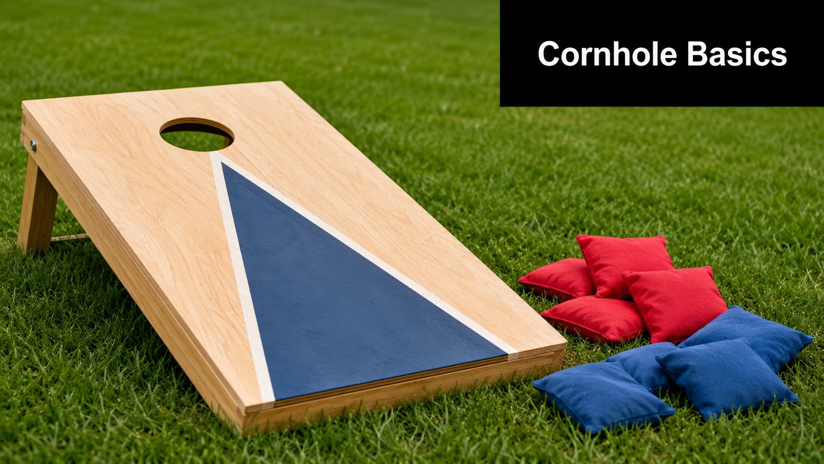 A wooden cornhole board on grass with sets of red and blue bean bags nearby.