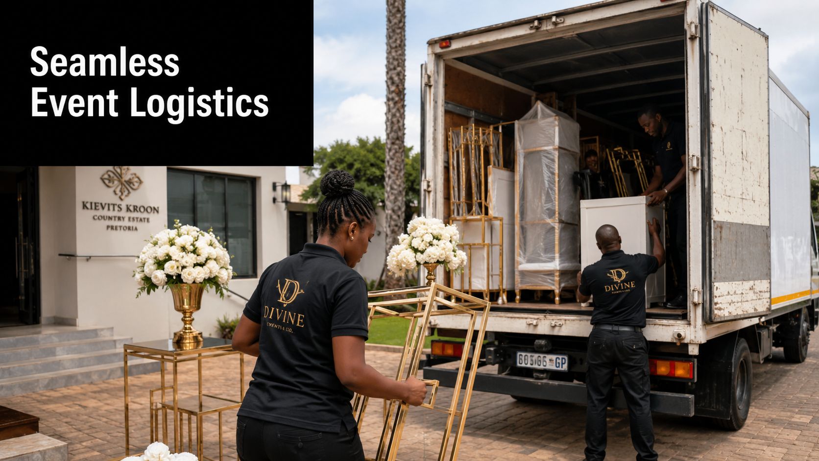 A professional team from Divine Events unloading event decor equipment from a truck at Kievits Kroon Pretoria.