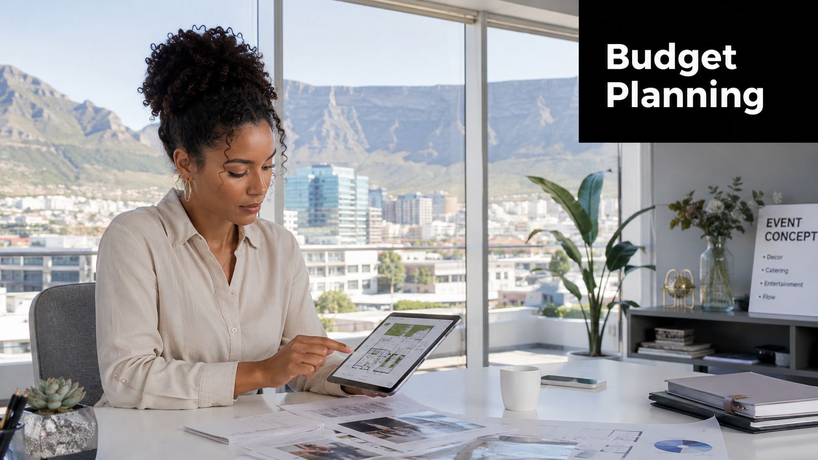 A professional event planner reviewing interior design plans on a digital tablet in a bright modern office.