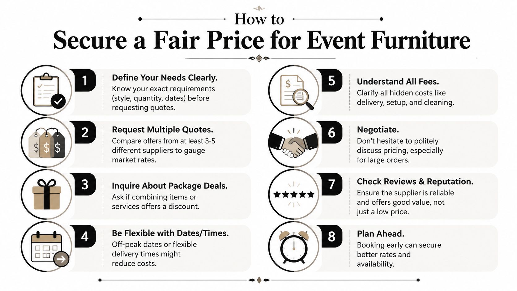 An infographic titled How to Secure a Fair Price for Event Furniture, listing eight steps for event planning.