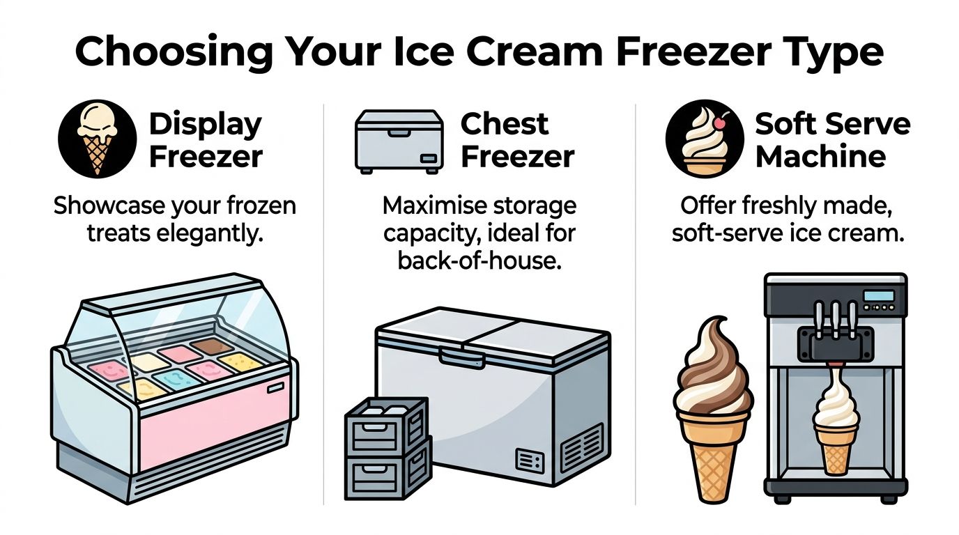 An infographic showing three types of ice cream equipment: display freezer, chest freezer, and soft serve machine.