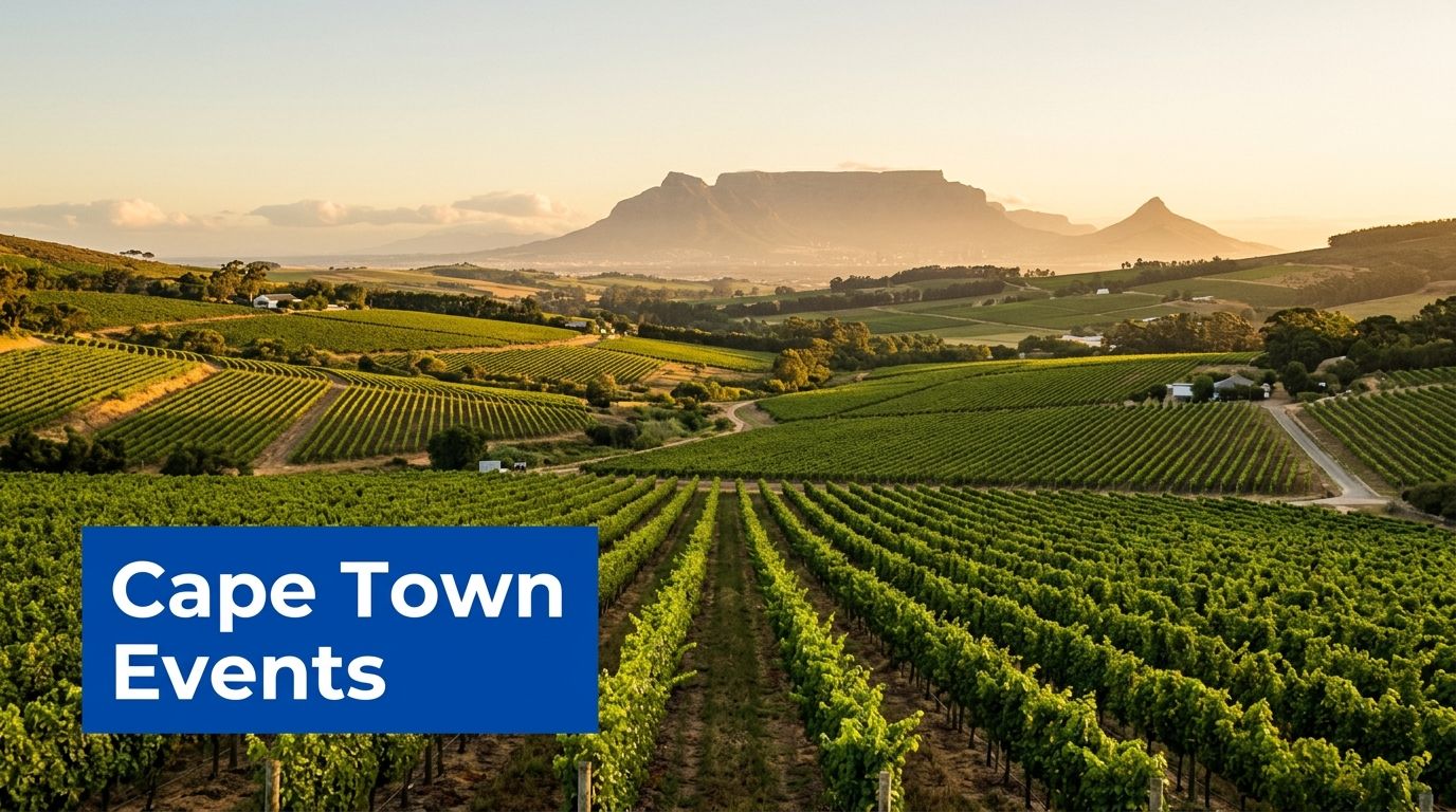 Lush green vineyards in Cape Town with Table Mountain in the background at sunset.