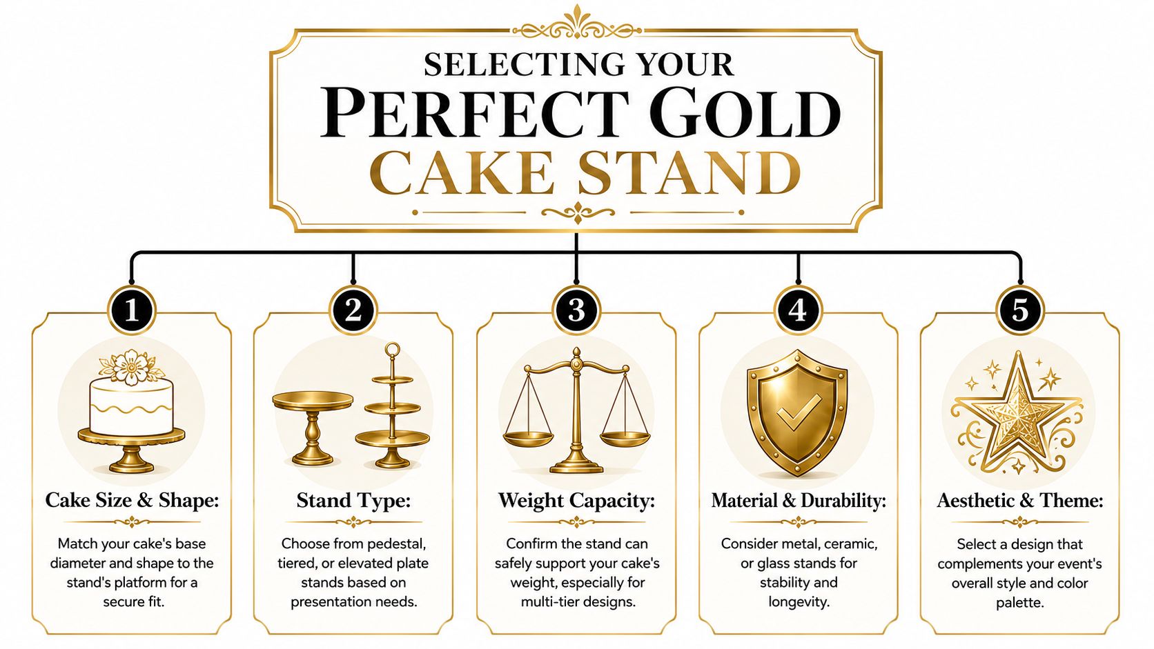 An infographic titled Selecting Your Perfect Gold Cake Stand outlining five essential factors for choosing a stand.