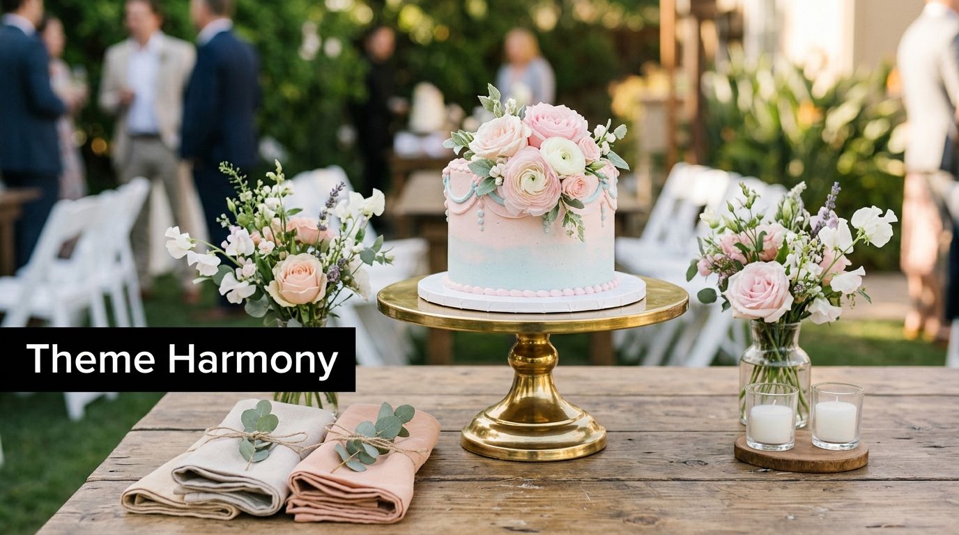 A wedding cake on a gold pedestal stand, surrounded by flower bouquets, candles, and linen napkins.