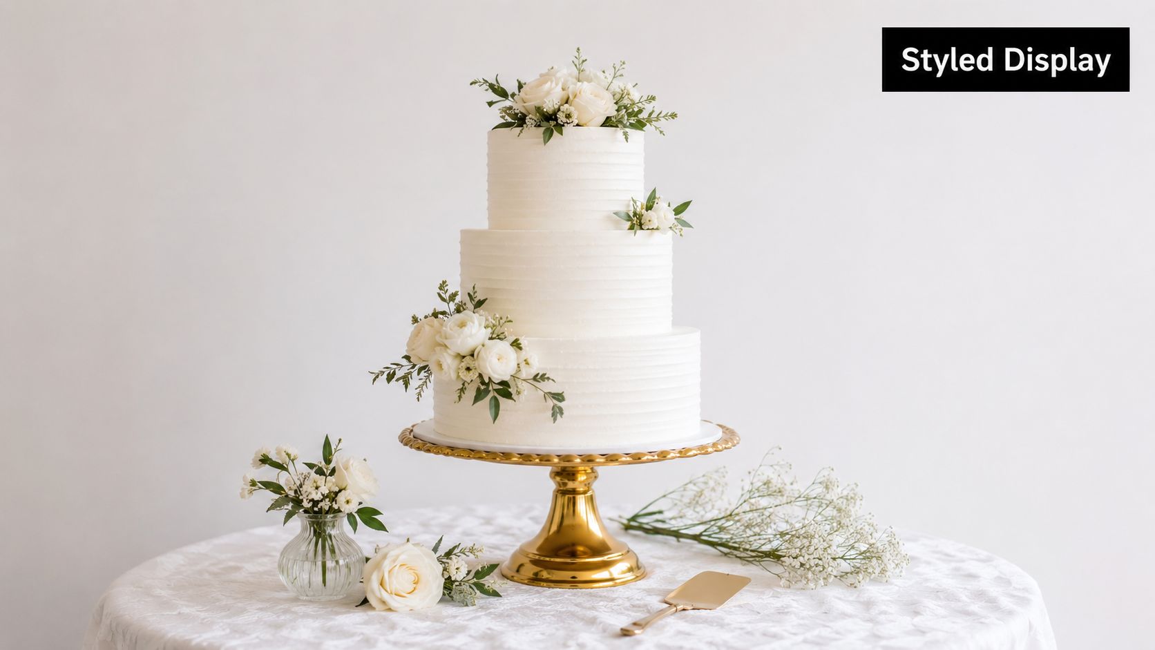 A three-tier white wedding cake decorated with fresh flowers displayed on an elegant gold cake stand.