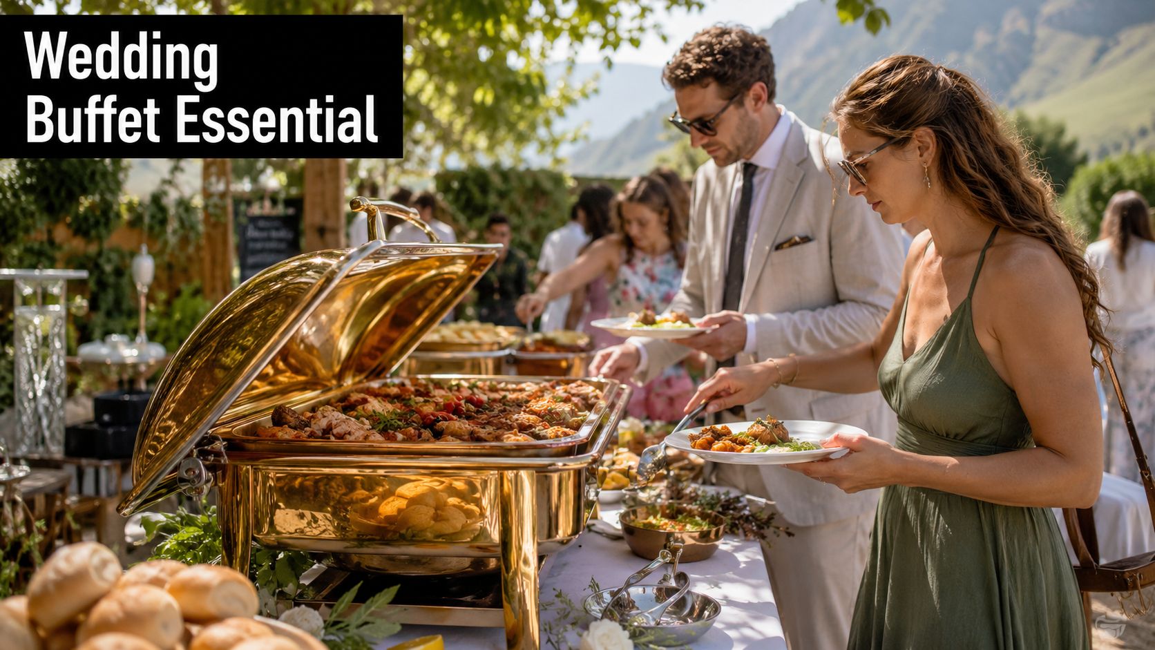 A woman in a green dress serving food from a gold chafing dish at an outdoor wedding buffet.