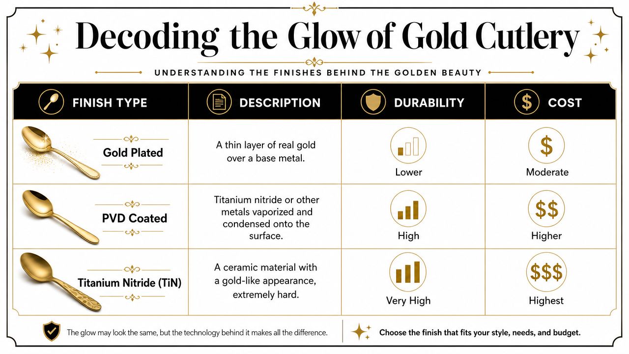 A comparison chart explaining the differences between gold plated, PVD coated, and titanium nitride cutlery finishes.
