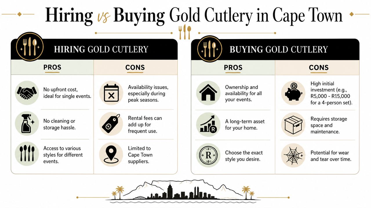 A comparison chart outlining the pros and cons of hiring versus buying gold cutlery sets in Cape Town.