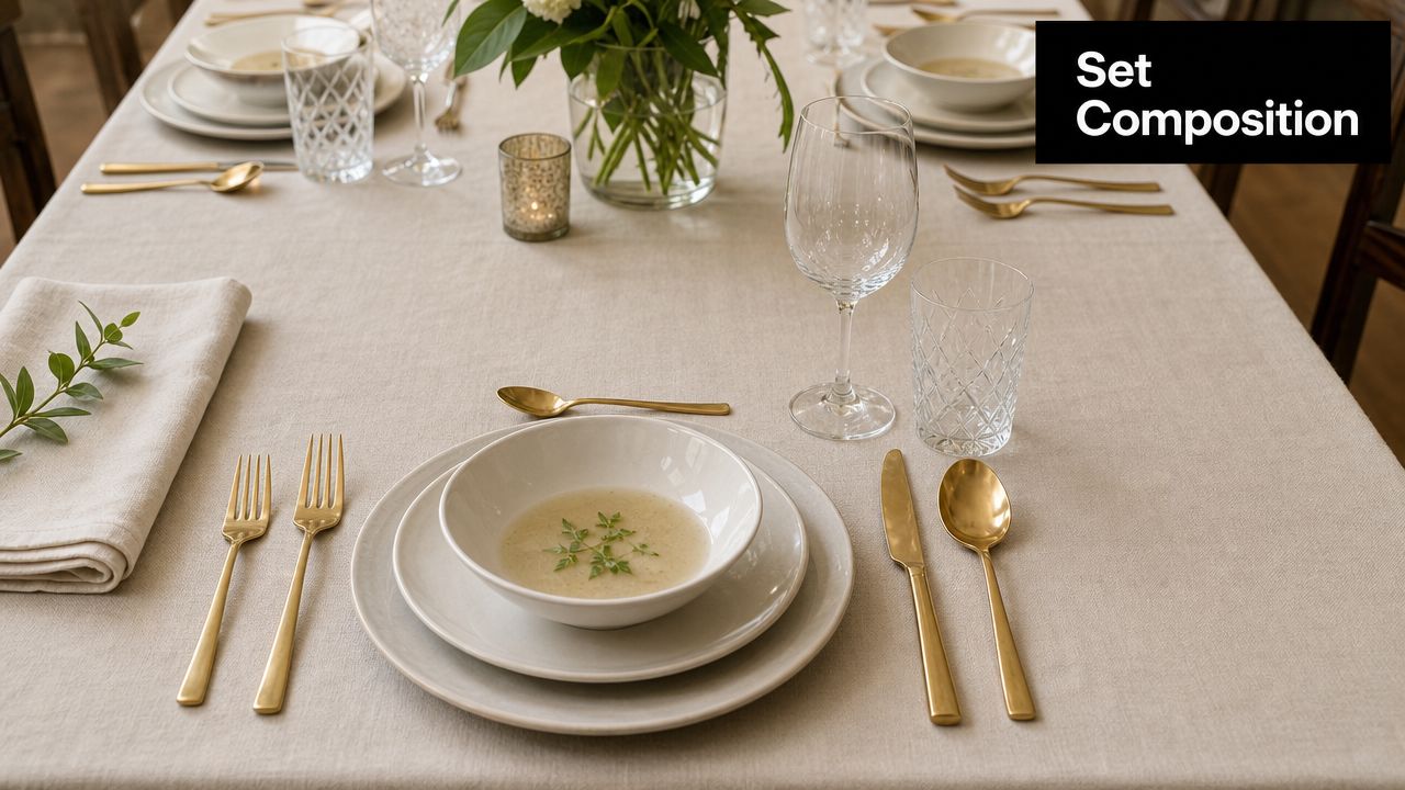 A sophisticated table setting featuring elegant gold cutlery, white ceramic bowls, and crystal glassware on a neutral tablecloth.