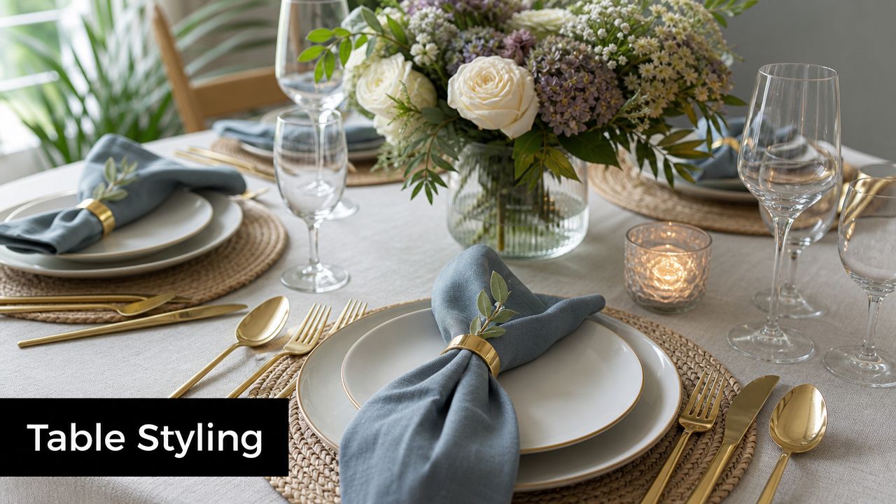 A beautifully set dining table featuring elegant plates, blue napkins, gold cutlery, and a vibrant floral centerpiece.