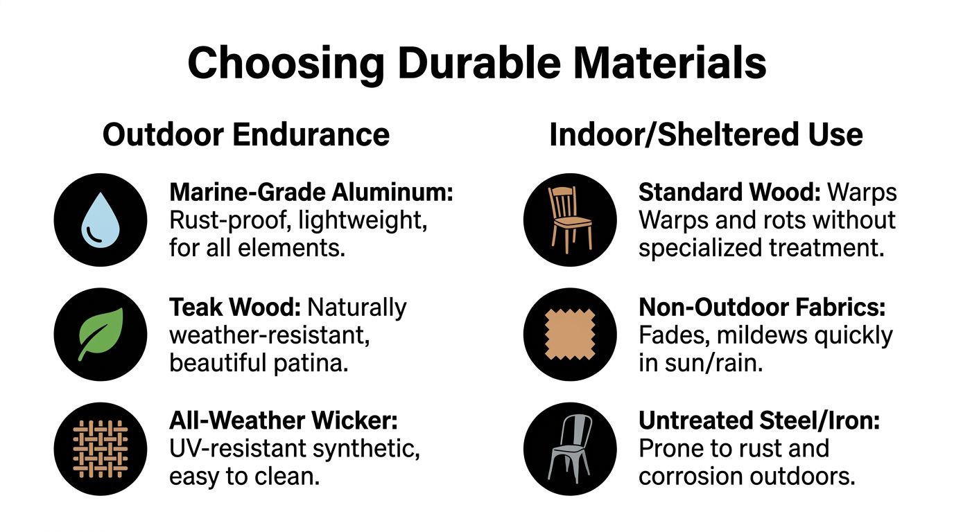 A comparison chart showing durable materials for outdoor furniture versus those meant for indoor or sheltered use.