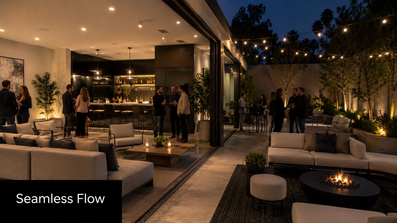 A sophisticated modern patio and indoor living area featuring luxurious outdoor furniture for an evening party.
