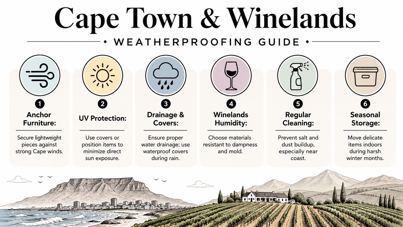 An infographic titled Cape Town and Winelands Weatherproofing Guide offering tips for maintaining indoor outdoor furniture.