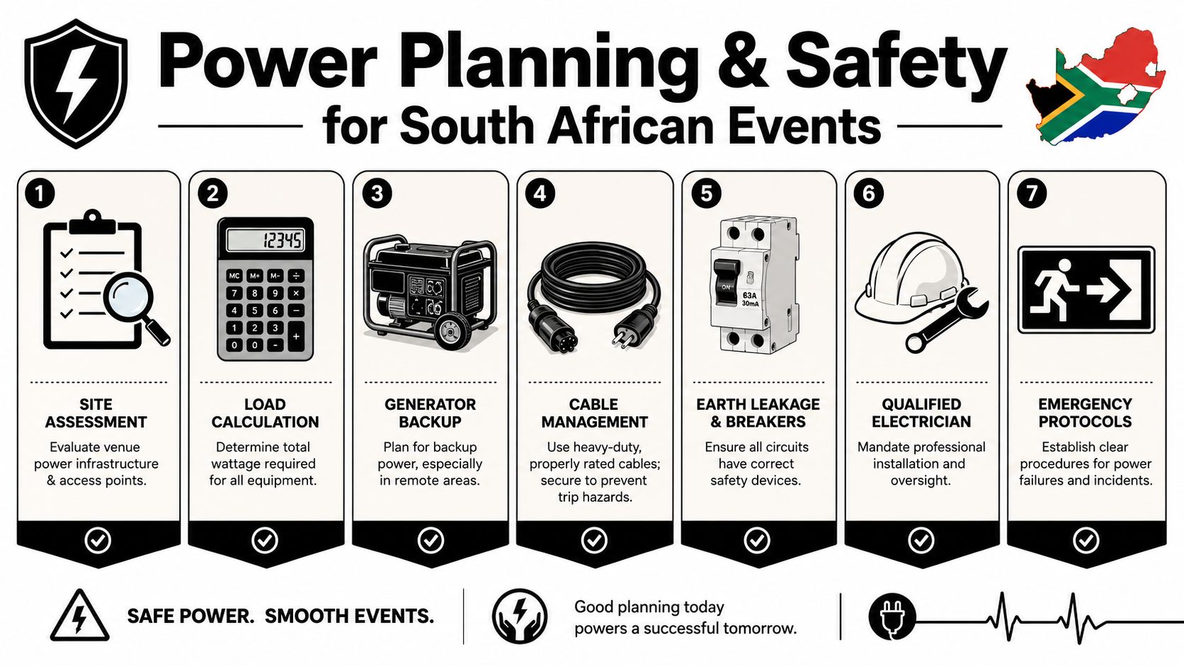 An infographic detailing seven essential safety steps for planning power management at South African events.