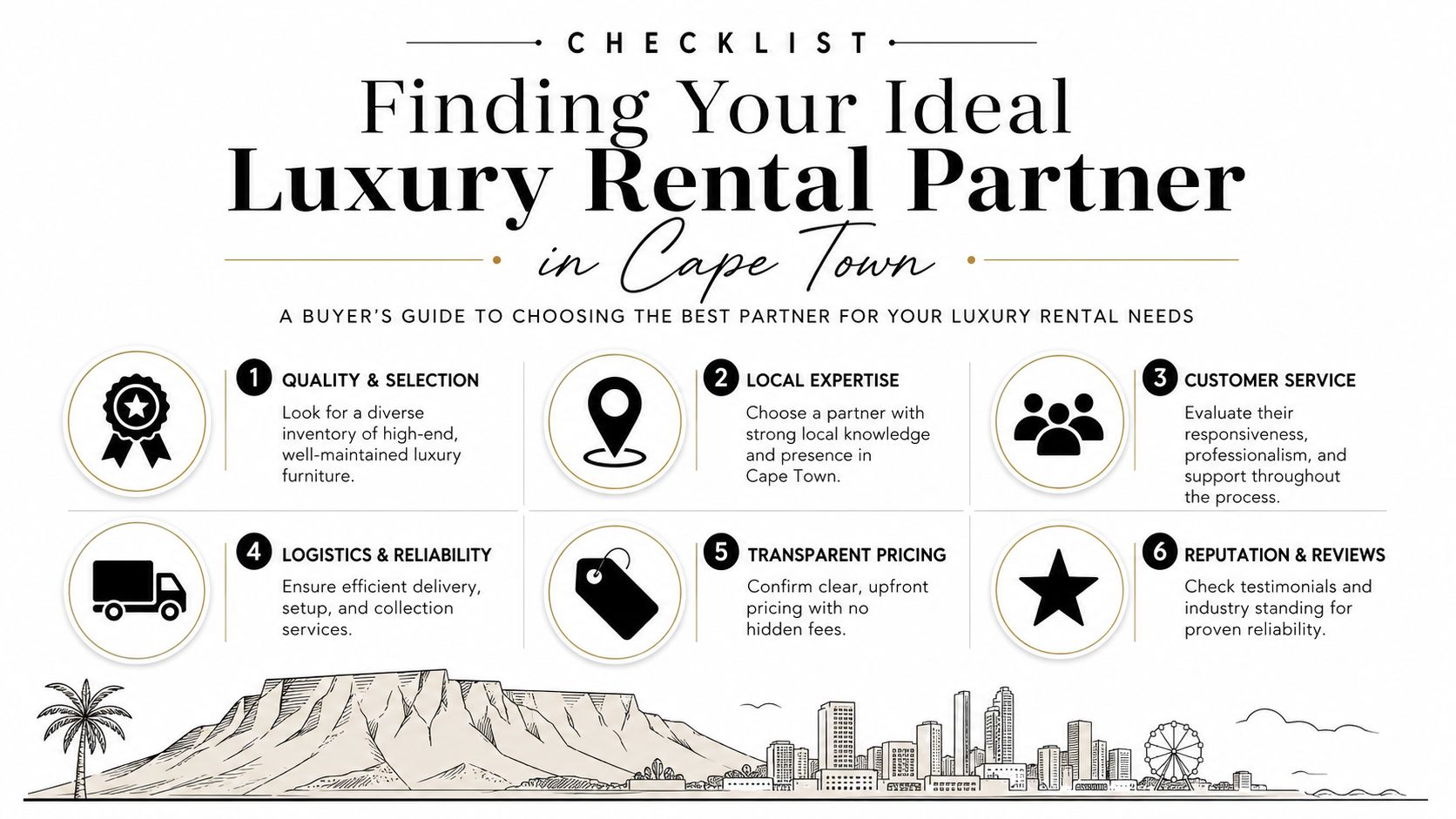 An infographic checklist for selecting an ideal luxury furniture rental partner in Cape Town, South Africa.