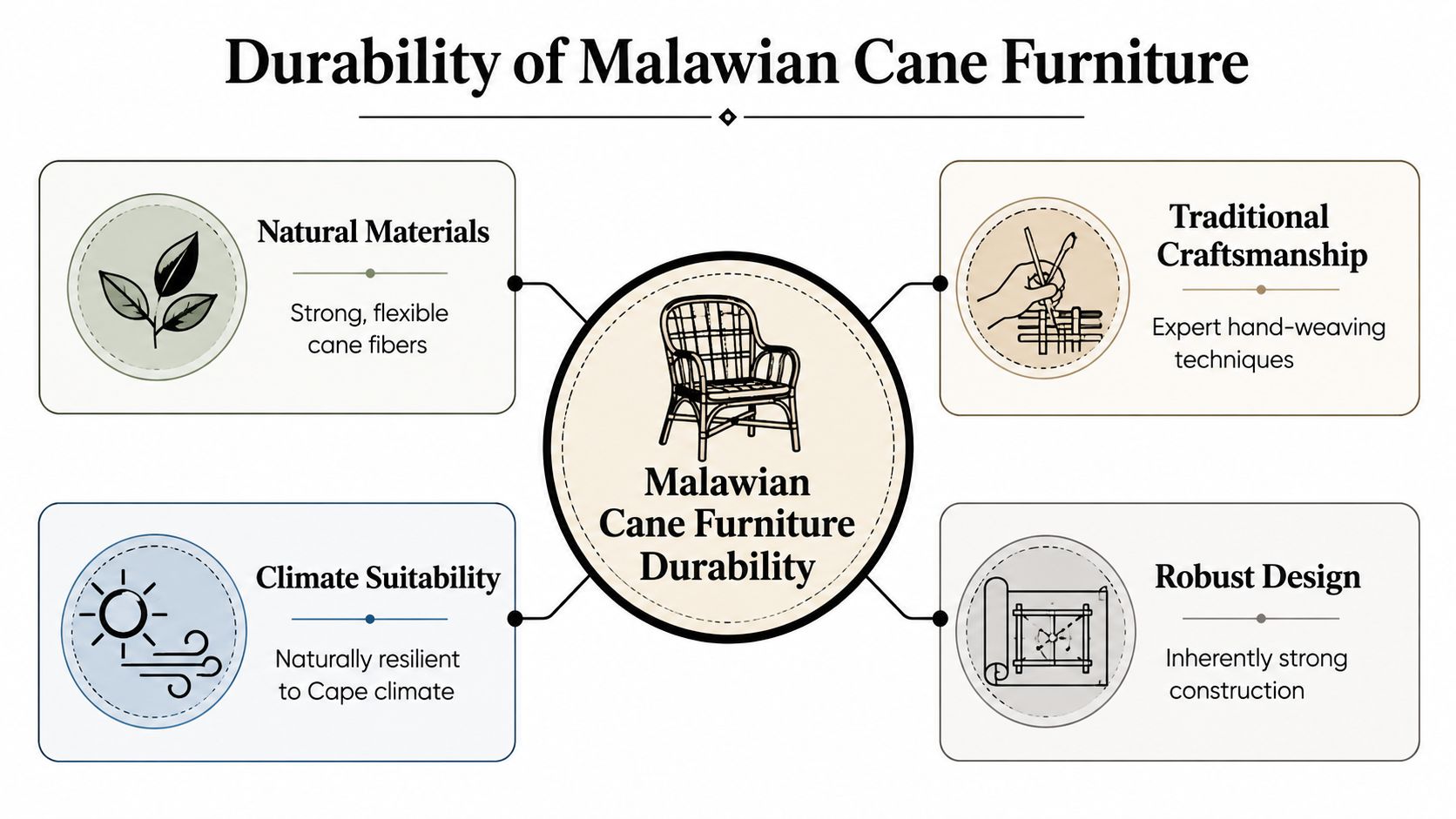An infographic detailing the factors that contribute to the long-lasting durability of traditional Malawian cane furniture.