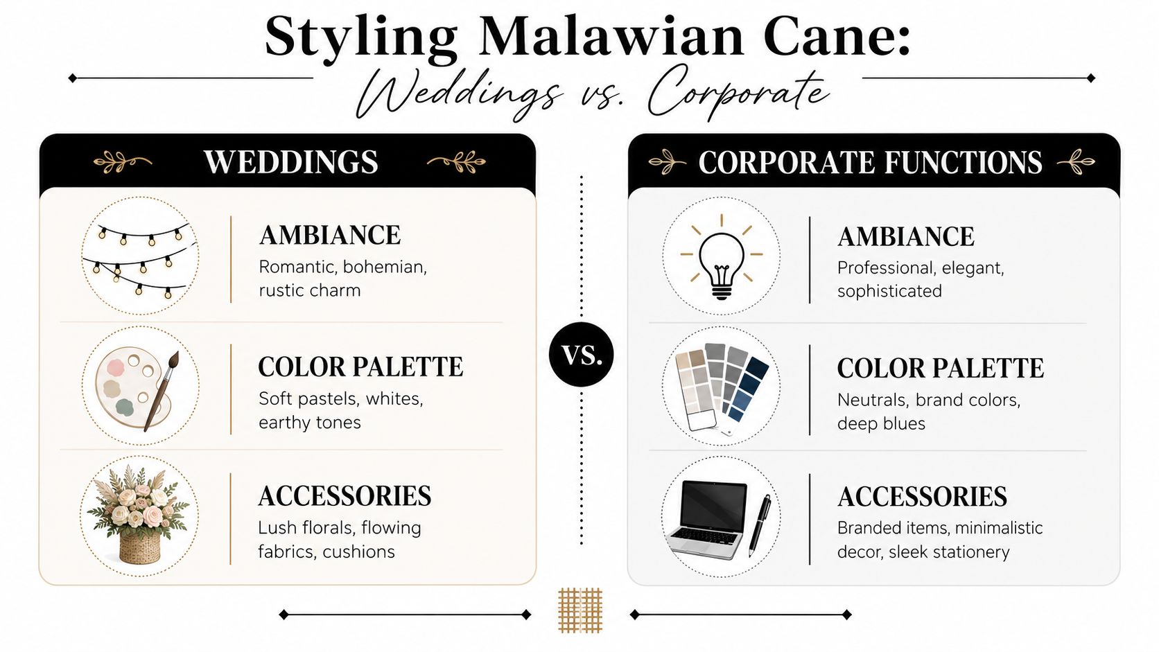 A comparison infographic showing how to style Malawian cane furniture for weddings versus corporate events.