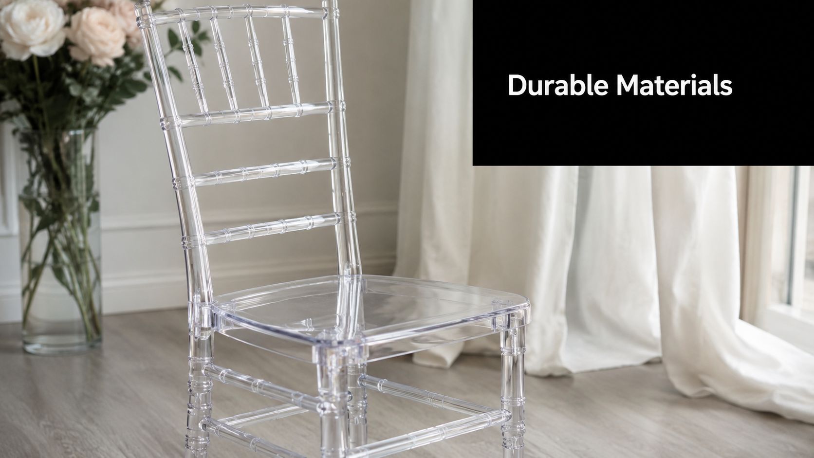 A clear, modern transparent chiavari chair standing in a bright room with flowers.