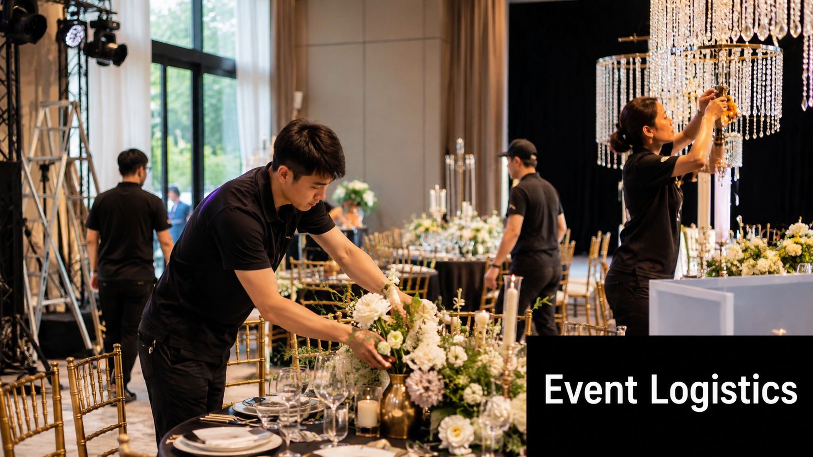 Professional event staff setting up elegant table floral arrangements and lighting for a luxury banquet venue.