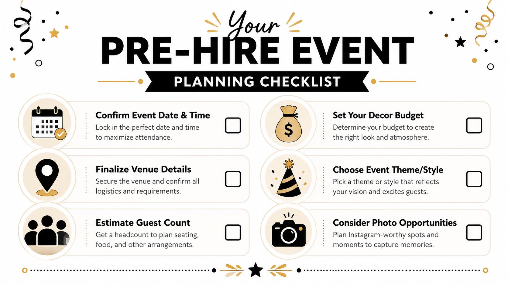 A planning checklist for a pre-hire event with six essential steps to ensure a successful occasion.