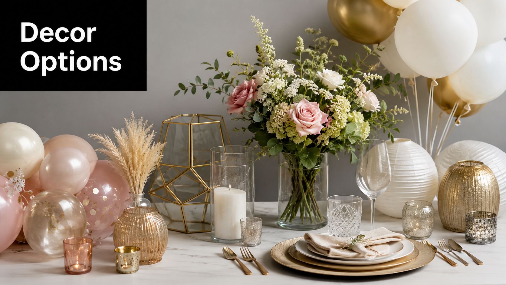 A sophisticated table setting featuring a floral centerpiece, elegant balloons, and gold tableware for special events.