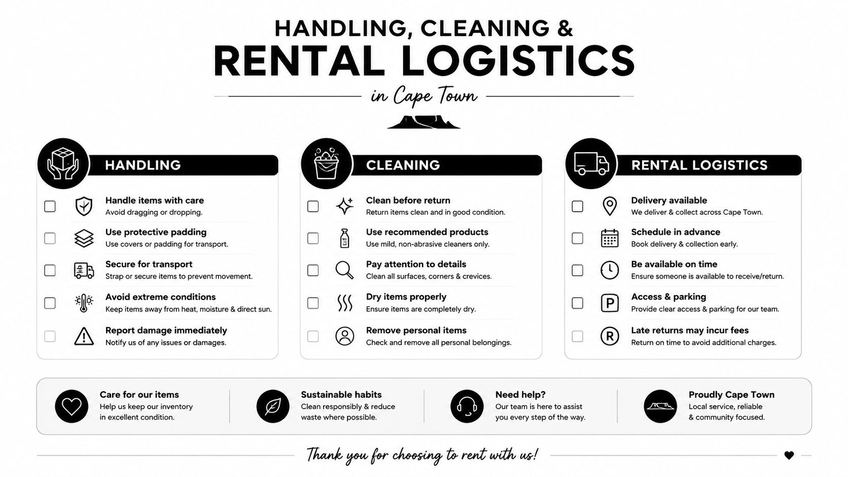 A professional infographic outlining handling, cleaning, and rental logistics guidelines for equipment rentals in Cape Town.
