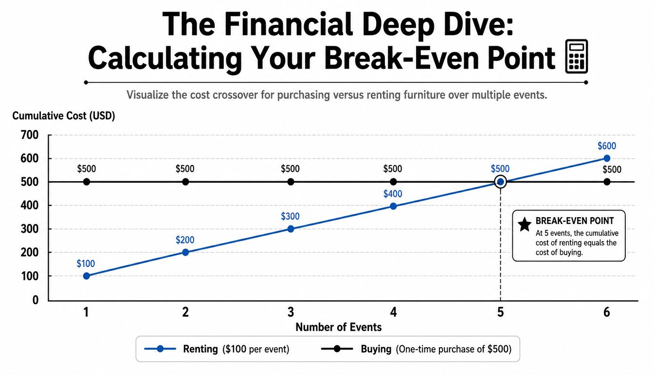 A line chart comparing the cumulative costs of renting versus buying furniture over six events.