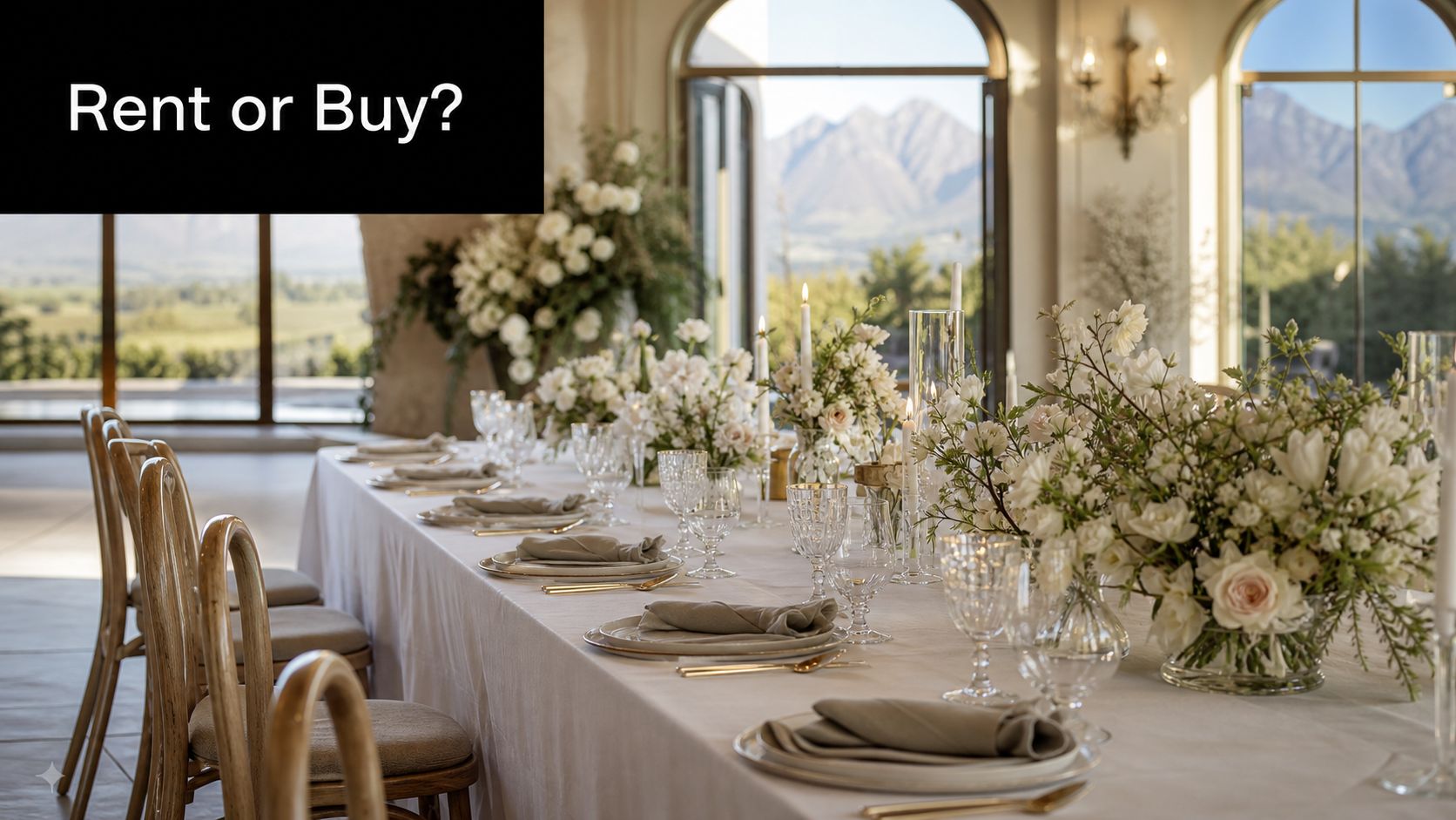 A luxurious dining table set for an elegant event with white floral arrangements and mountainous background.