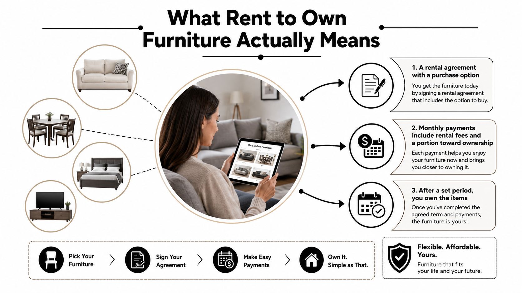 An infographic explaining the rent to own furniture process with steps including selecting items and making payments.