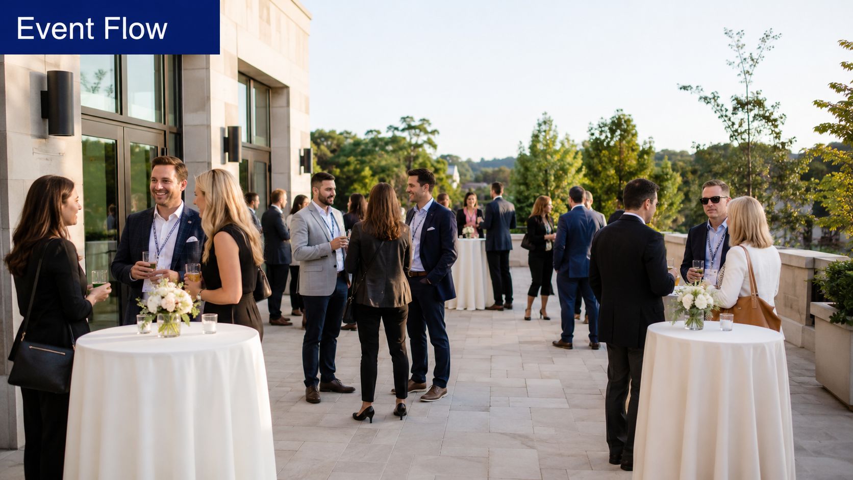 A group of professional people networking outdoors on a terrace at an event with round cocktail tables.