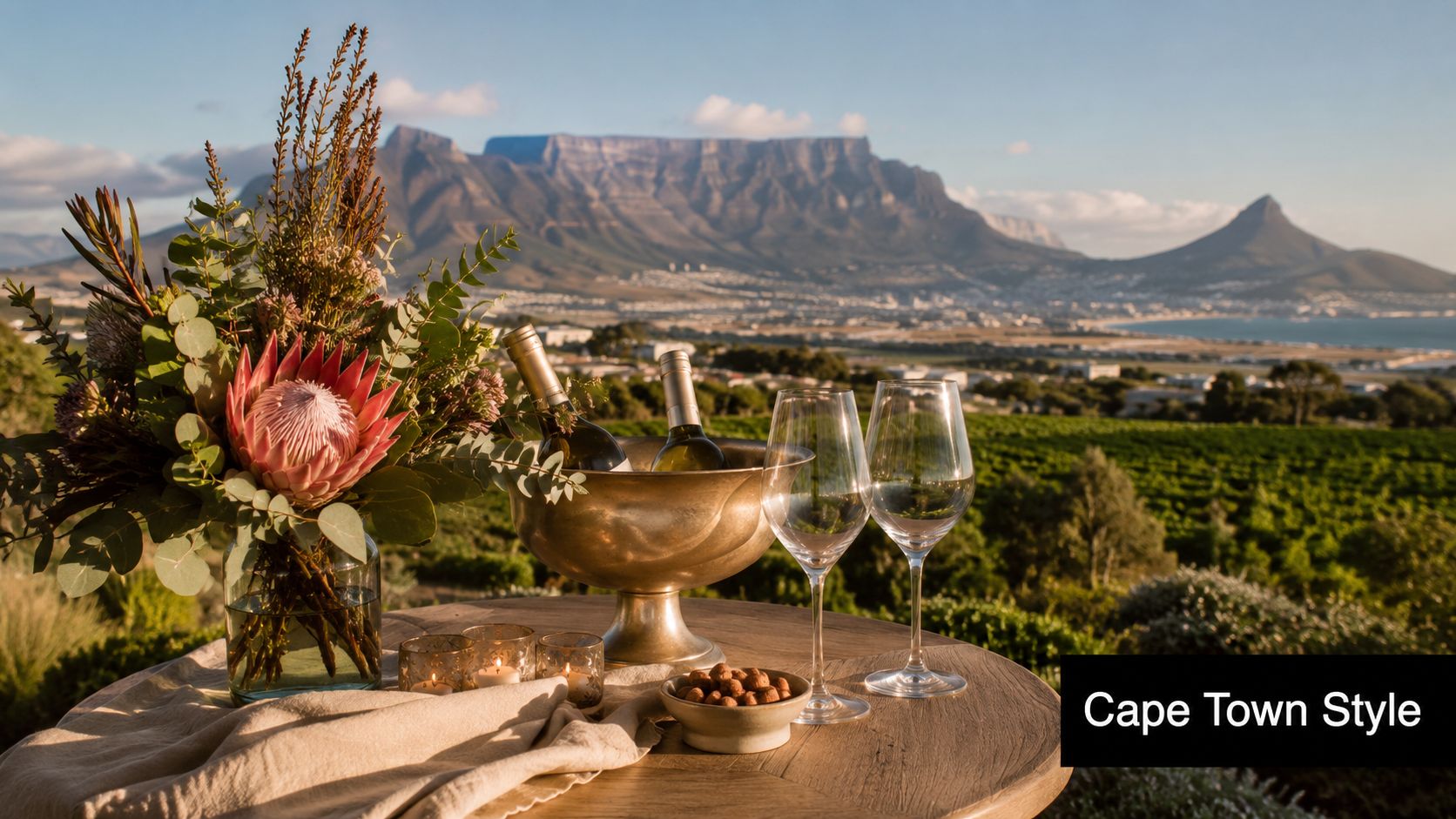 A scenic view of Table Mountain overlooking a vineyard with wine, flowers, and snacks on a table.