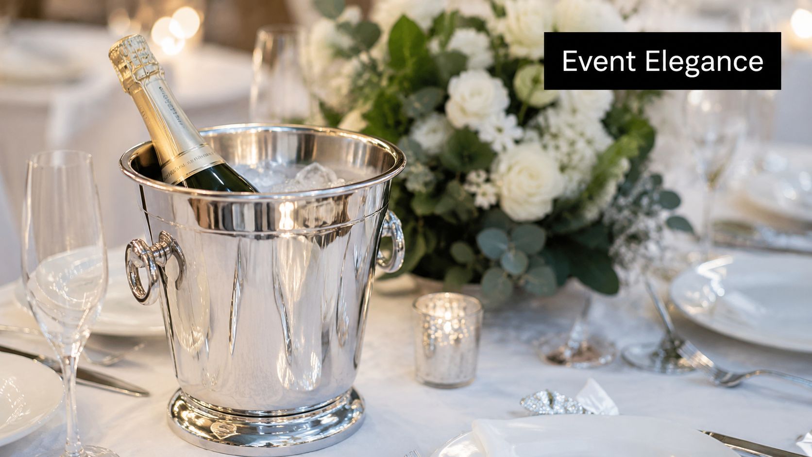 A champagne bottle cooling in a silver ice bucket on an elegant wedding reception table setting.