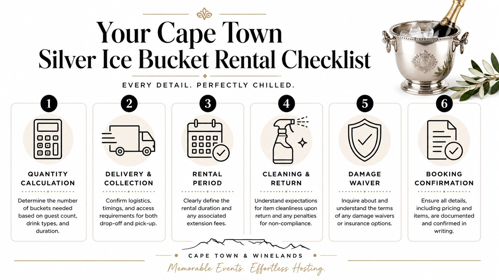 An infographic checklist for renting silver ice buckets for events in Cape Town, featuring six essential steps.