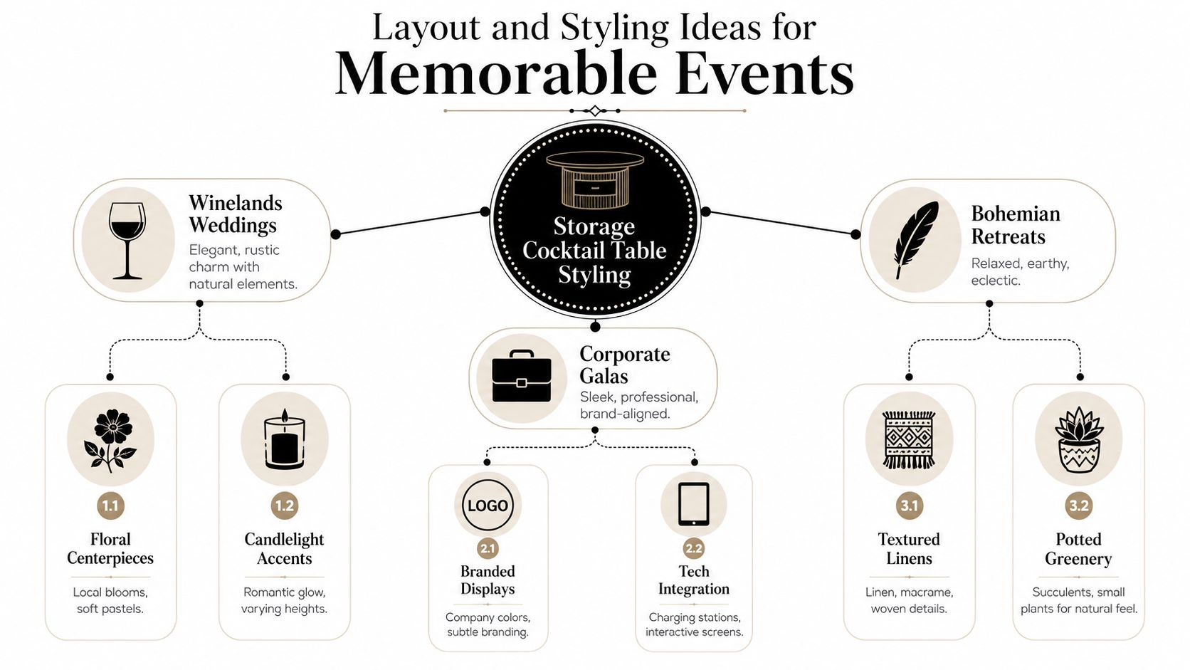 A flowchart infographic outlining layout and styling ideas for event storage cocktail tables across three different themes.