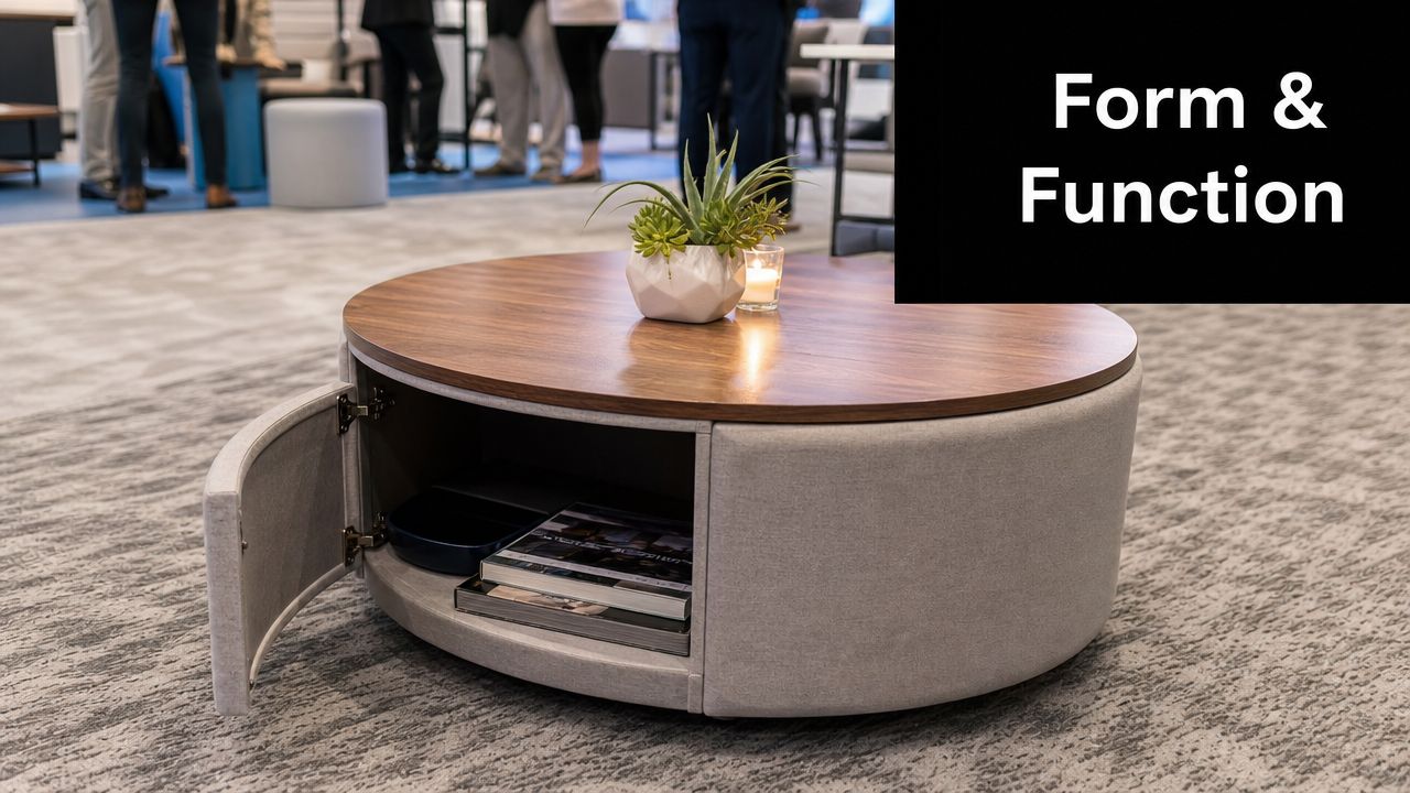 A modern round cocktail table with a wooden top and gray upholstered storage base on a carpeted floor.