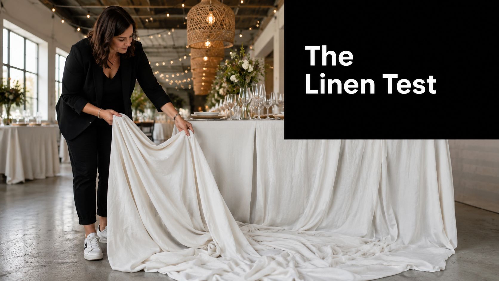 A professional event planner adjusting a high-quality white linen tablecloth on a decorated dining table.