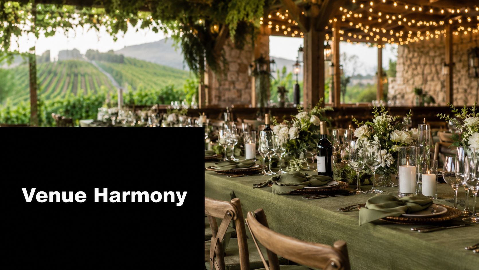 A rustic outdoor dining table set with elegant linen for a wedding overlooking a vineyard landscape.