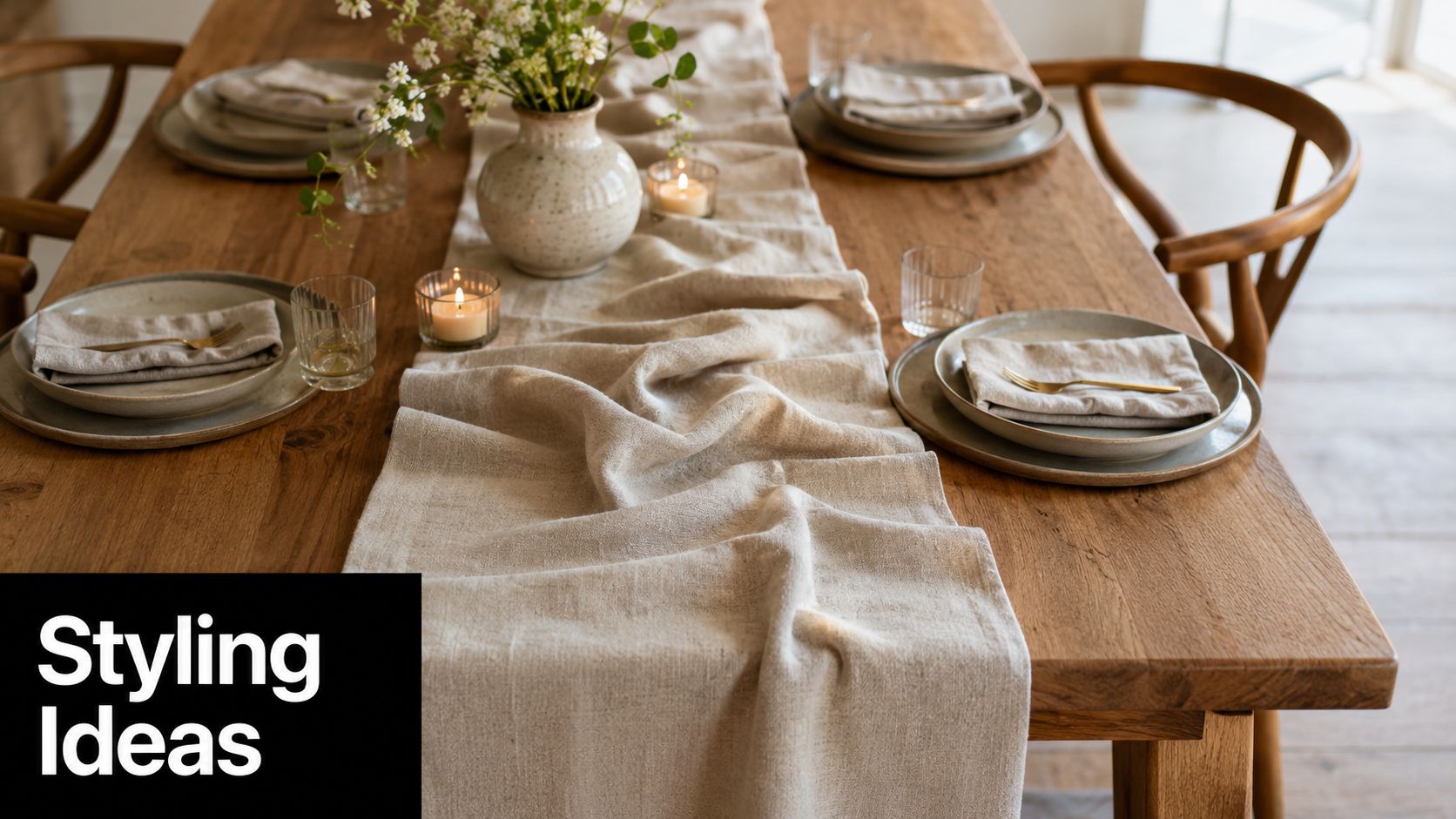 A rustic wooden dining table elegantly decorated with a beige linen runner, place settings, and candles.