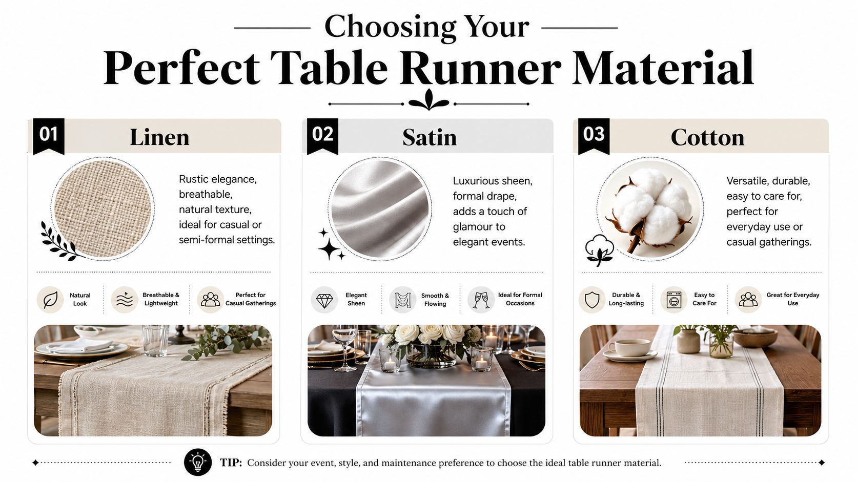 A helpful infographic guide comparing linen, satin, and cotton fabrics for choosing the perfect table runner material.