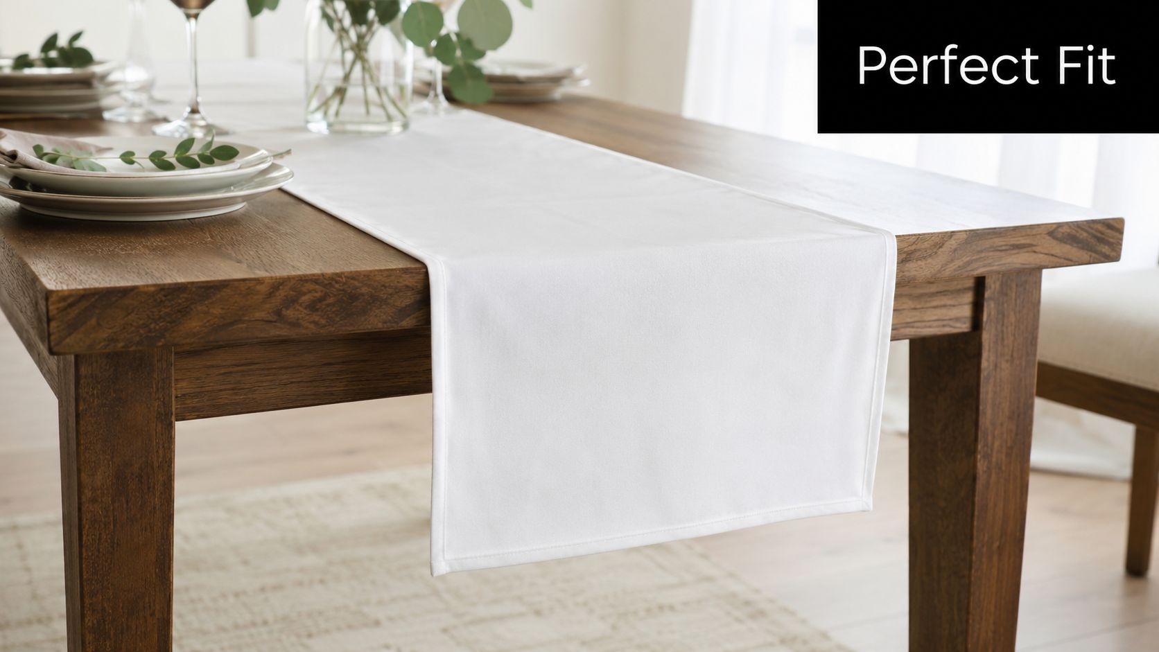 A clean white fabric table runner draped elegantly over a rustic wooden dining table in a bright room.