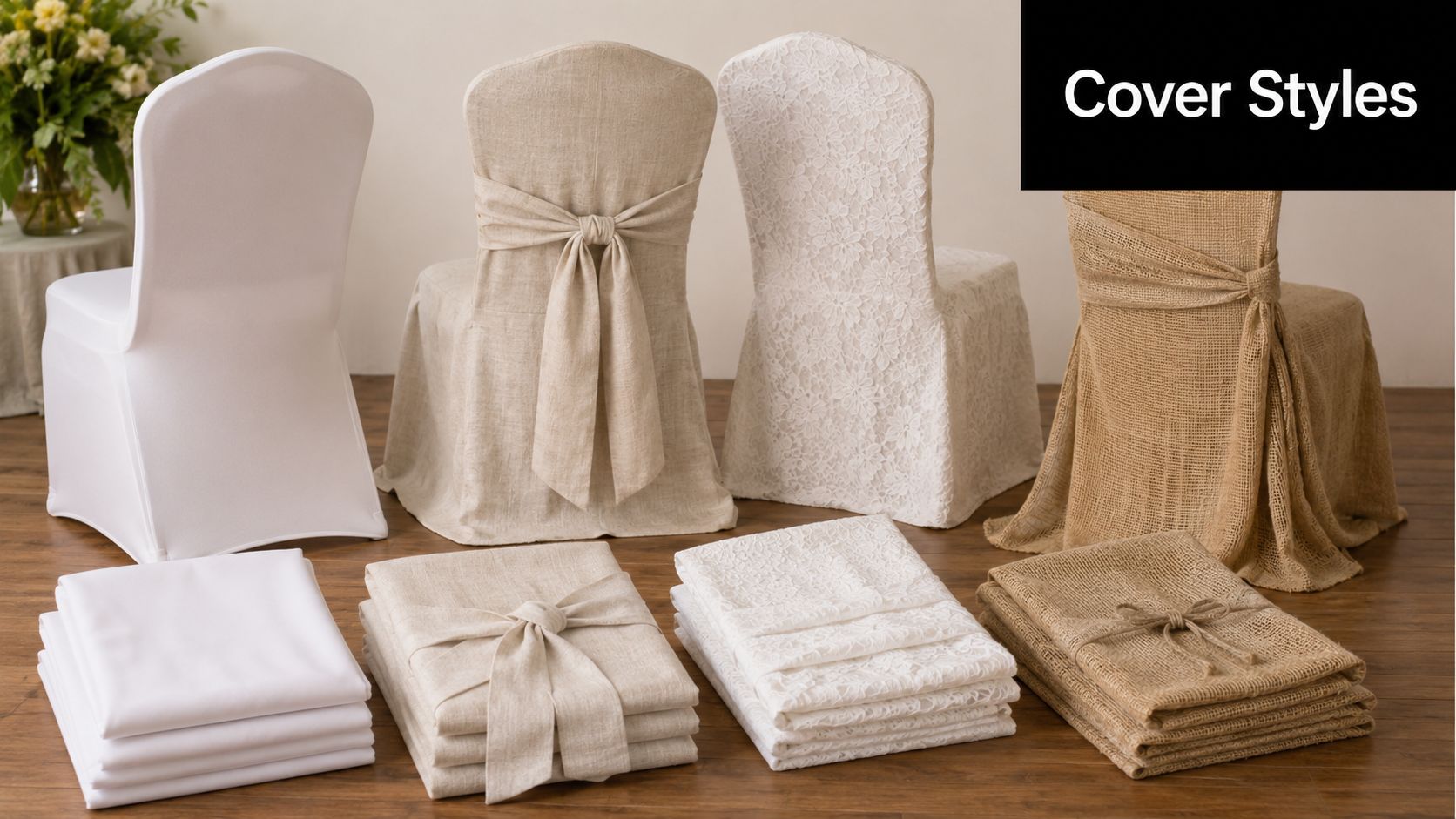 A display of four different wedding chair cover styles including white, linen, lace, and burlap fabrics.