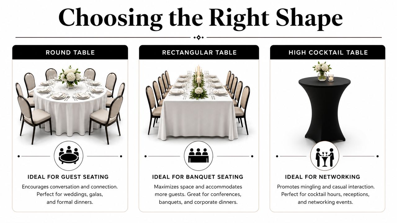 A visual guide comparing round tables, rectangular tables, and high cocktail tables for event seating arrangements.