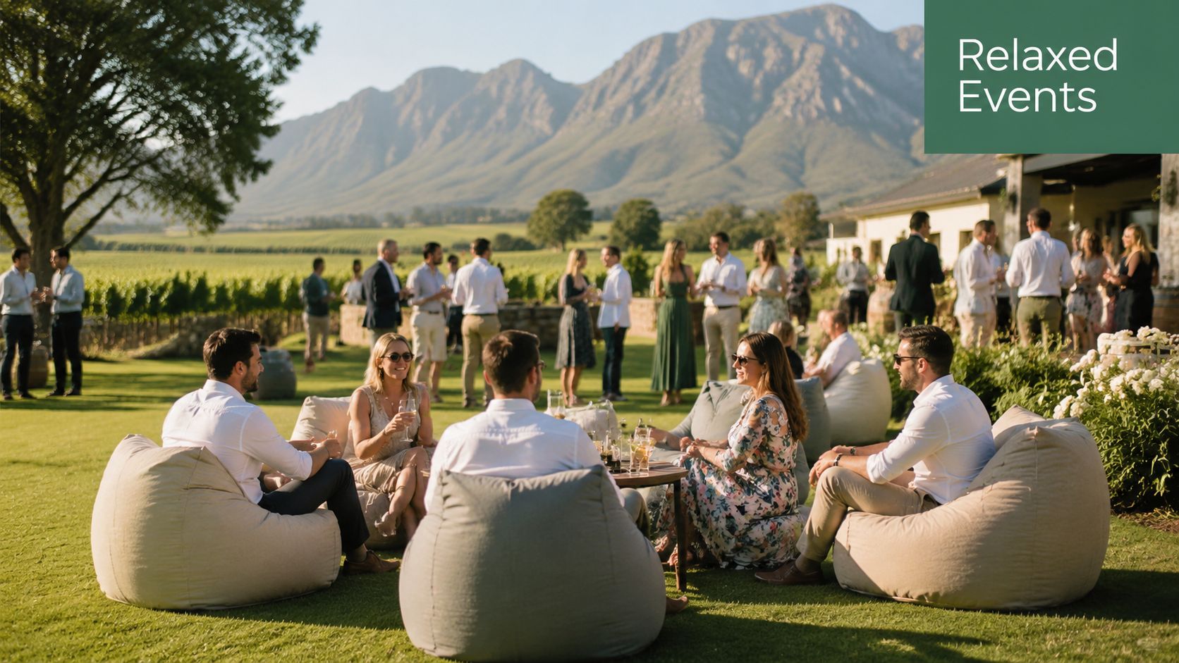 A group of friends relaxing on bean bag chairs during a sunny outdoor garden event at a vineyard.