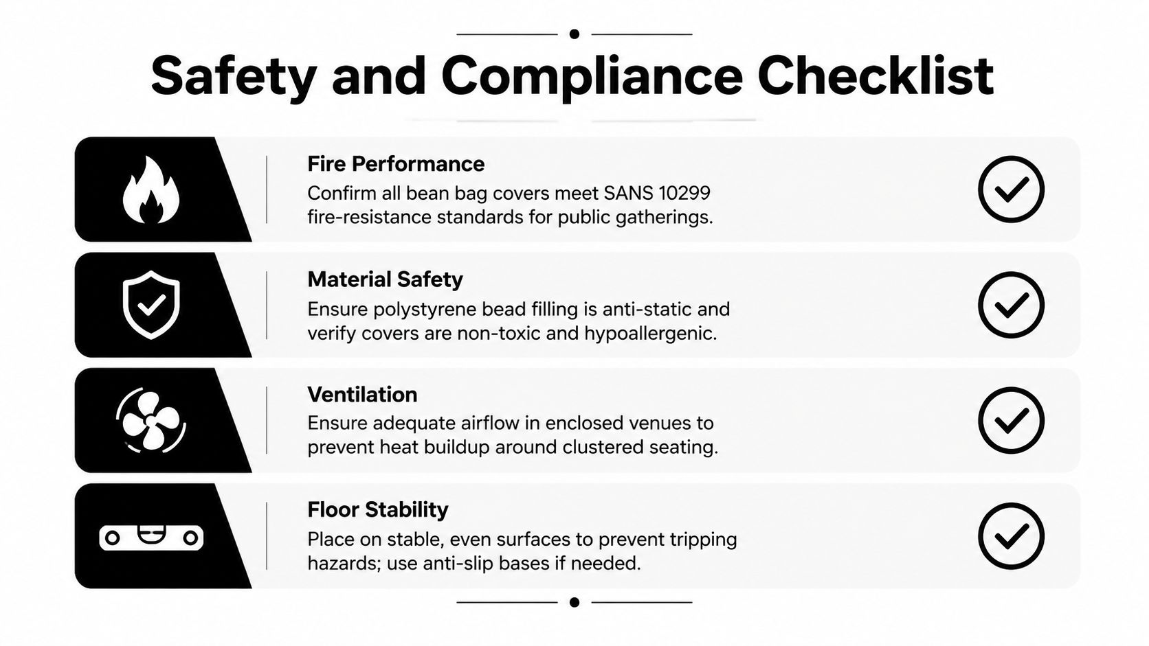 A safety and compliance checklist for bean bag chairs, covering fire performance, material safety, ventilation, and stability.