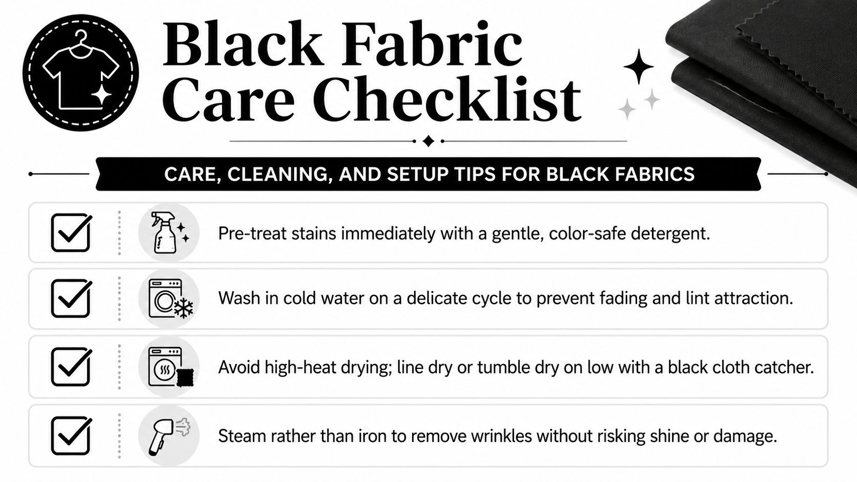 A checklist infographic providing essential care, cleaning, and maintenance tips for black fabric textiles and clothing.
