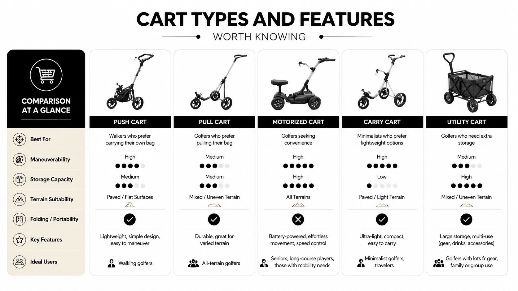 A comparison table showcasing different golf cart types, their features, maneuverability, and best use cases for golfers.
