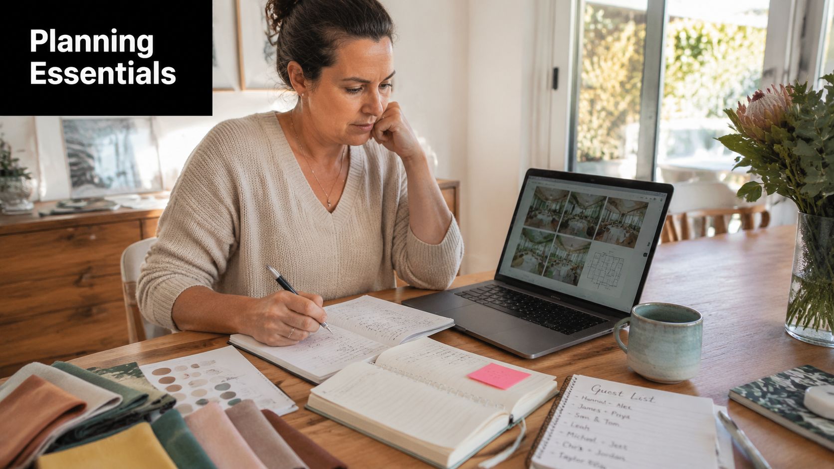 A woman working at a wooden table while taking notes and reviewing event planning details on her laptop.
