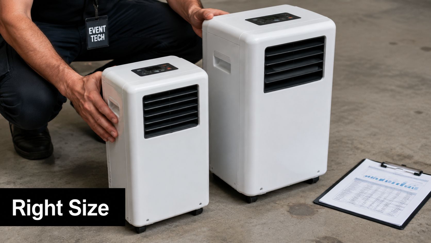 A technician compares two different sizes of portable air conditioning units on a warehouse floor.