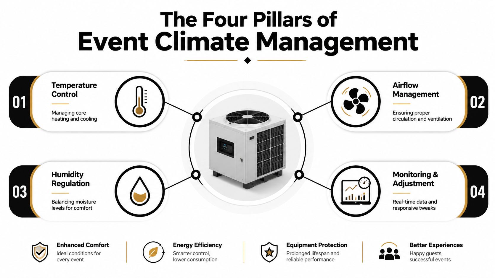 A diagram illustrating the four pillars of event climate management, including temperature, airflow, humidity, and monitoring.